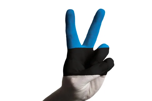 Estonia national flag two finger up gesture for victory and winn — Stock Photo, Image