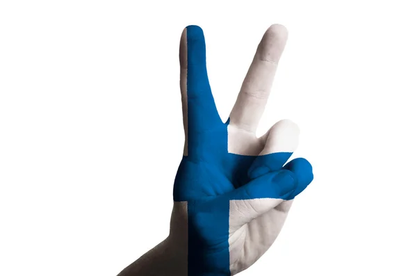 Finland national flag two finger up gesture for victory and winn — Stock Photo, Image