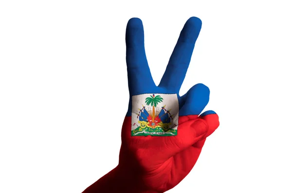 Haïti nationale vlag twee vinger omhoog gebaar voor overwinning en winnaar — Stockfoto