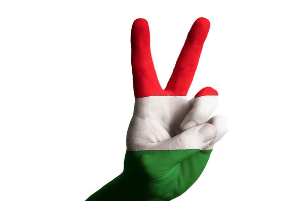 Węgry flagi narodowej dwóch palcem gest zwycięstwa i winn — Zdjęcie stockowe