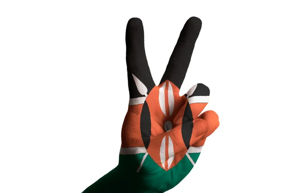 Kenya national flag two finger up gesture for victory and winner — Stock Photo, Image