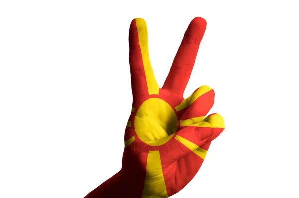 Bandera nacional de macedonia gesto de dos dedos hacia arriba para la victoria y wi — Foto de Stock