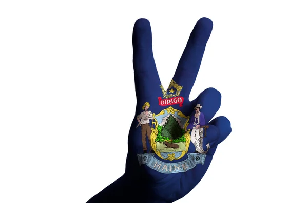 Maine us state flag two finger up gesture for victory and winner — Stock Photo, Image