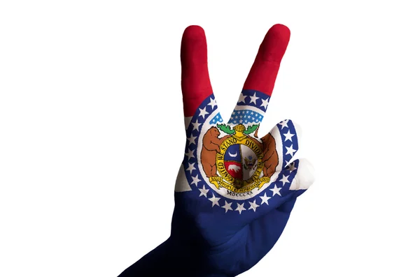 Missouri us state flag two finger up gesture for victory and win — Stock Photo, Image