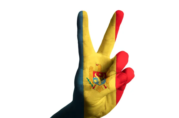 Drapeau national moldova deux doigt geste vers le haut pour la victoire et gagner — Photo