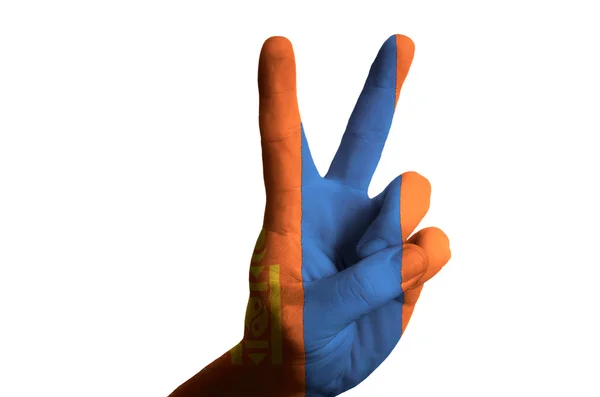 Mongolia national flag two finger up gesture for victory and win — Stock Photo, Image