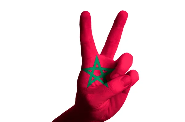 Morocco national flag two finger up gesture for victory and winn — Stock Photo, Image