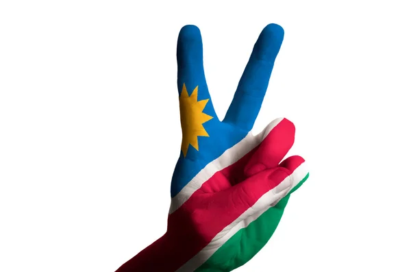 Namibia national flag two finger up gesture for victory and winn — Stock Photo, Image