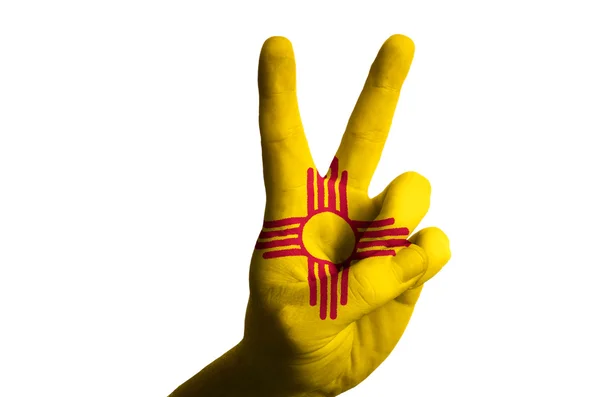 New mexico us state flag two finger up gesture for victory and w — Stock Photo, Image