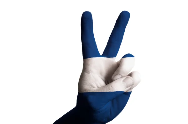 Nicaragua nationale vlag twee vinger omhoog gebaar voor overwinning en draadloos — Stockfoto