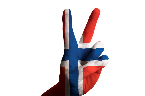 Bandera nacional noruego dos dedos hacia arriba gesto de victoria y ganar —  Fotos de Stock