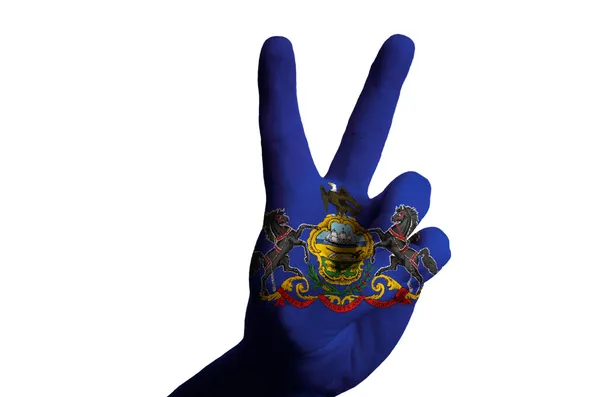 Pennsylvania us state flag two finger up gesture for victory and — Stock Photo, Image