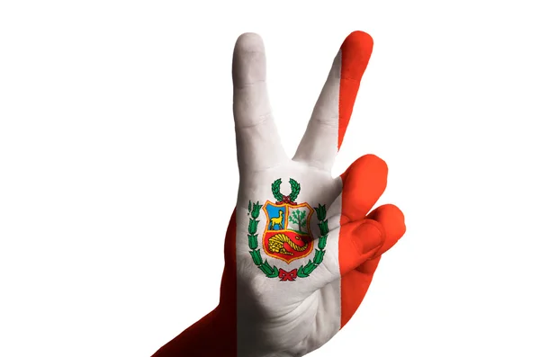 Peru national flag two finger up gesture for victory and winner — Stock Photo, Image