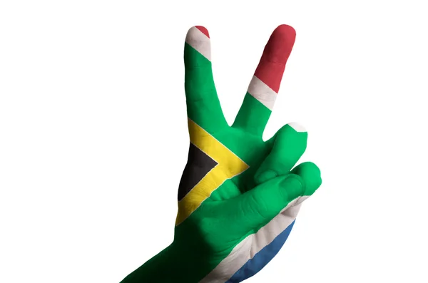 South africa national flag two finger up gesture for victory and — Stock Photo, Image