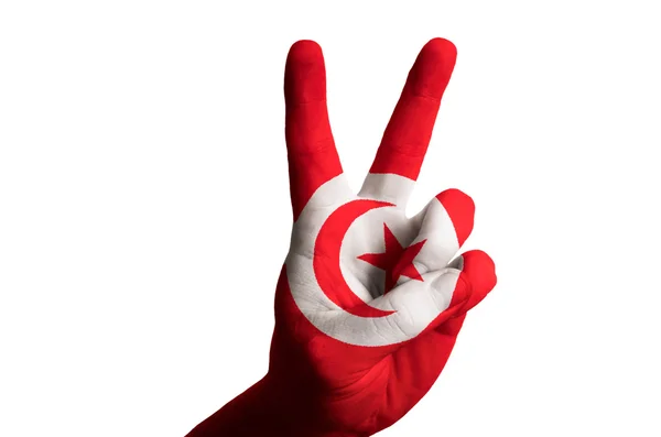 Tunezja flagi narodowej dwóch palcem gest zwycięstwa i winn — Zdjęcie stockowe