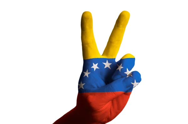 Venezuela national flag two finger up gesture for victory and wi — Stock Photo, Image