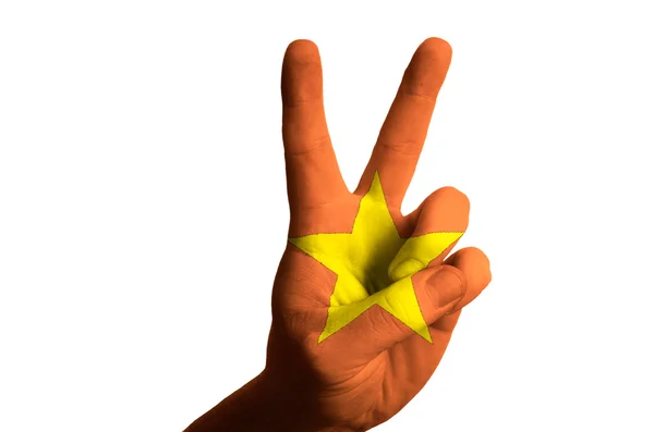 Vietnam national flag two finger up gesture for victory and winn — Stock Photo, Image