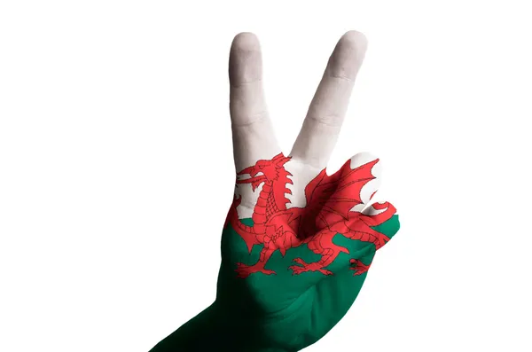 Wales national flag two finger up gesture for victory and winner — Stock Photo, Image