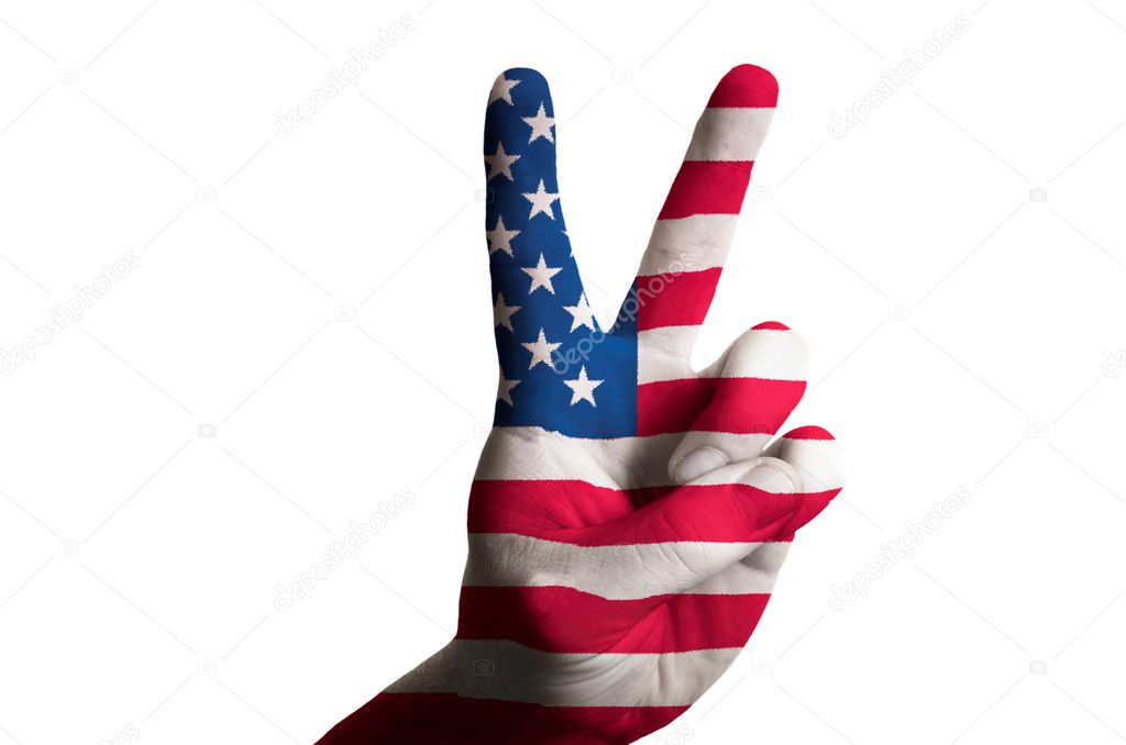america national flag two finger up gesture for victory and winn