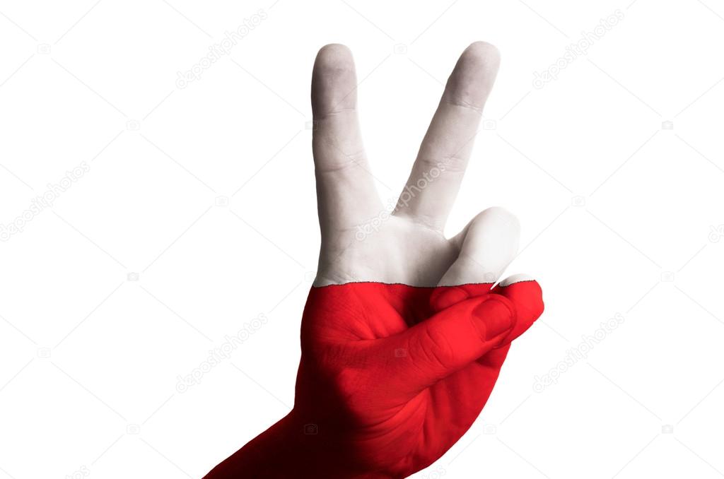 poland national flag two finger up gesture for victory and winne