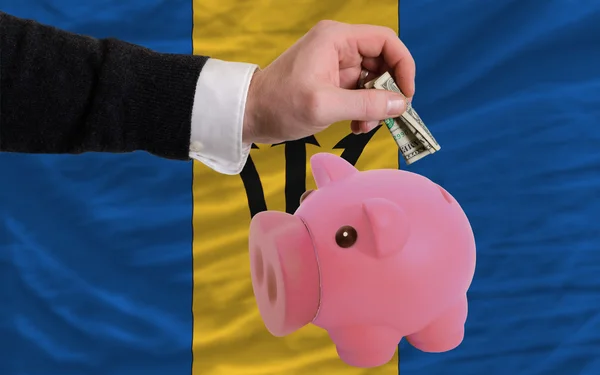 Dollar in piggy rijke bank en de nationale vlag van barbados — Stockfoto