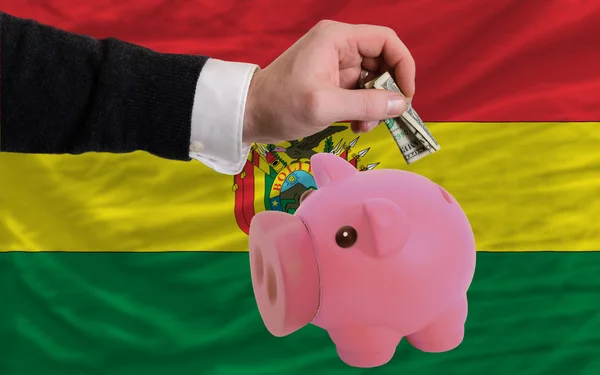 Dollar in piggy rijke bank en de nationale vlag van bolivia — Stockfoto