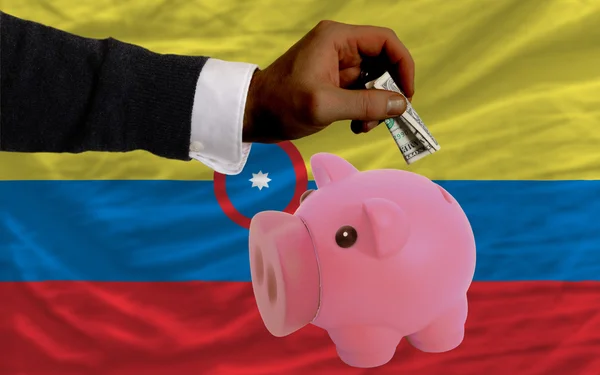 Dollar in piggy rijke bank en de nationale vlag van columbia — Stockfoto