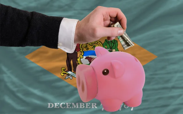 Dollar till rika piggy bank och amerikansk flagg av delaw — Stockfoto