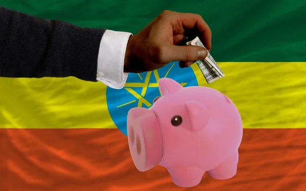 Dolar w piggy bank bogaty i flagi narodowej z Etiopii — Zdjęcie stockowe