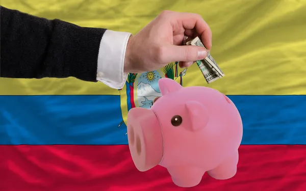 Dolar do prasátko bohaté banky a státní vlajka Ekvádoru — Stock fotografie