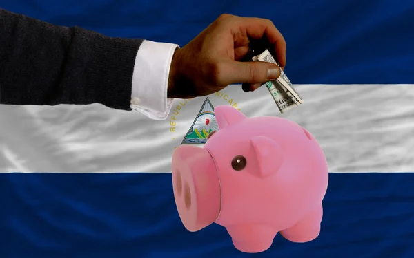 Dólar em banco rico porquinho e bandeira nacional de nicarágua — Fotografia de Stock