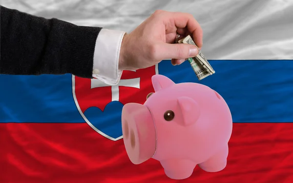 Dollaro in salvadanaio ricco di maiali e bandiera nazionale della Slovacchia — Foto Stock