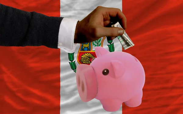 Dollar in Sparschwein und Nationalflagge von Peru — Stockfoto