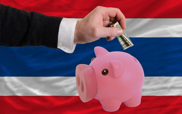 Dólar em banco rico porquinho e bandeira nacional da Tailândia — Fotografia de Stock