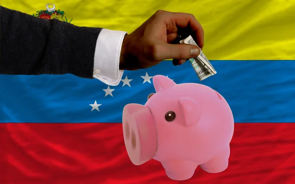 Dollar into piggy rich bank and national flag of venezuela — Stock Photo, Image