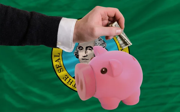 Dollar in piggy rijke bank en vlag van Amerikaanse staat van washi — Stockfoto