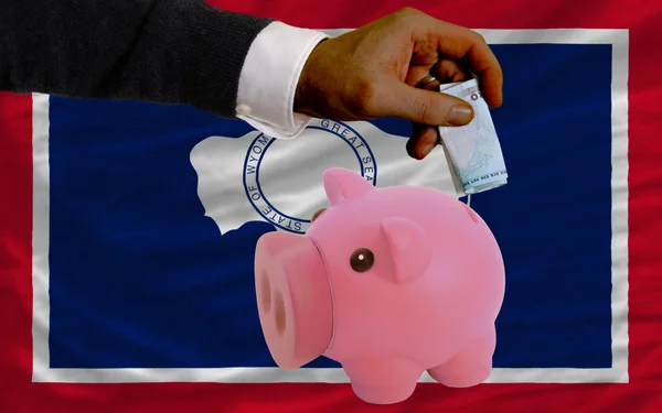 Finansiering euro i piggy rika bank amerikansk flagg av wyom — Stockfoto