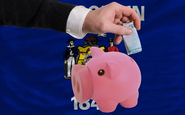 Finansiering euro i piggy rika bank flagga i amerikanska delstaten Wisconsin — Stockfoto