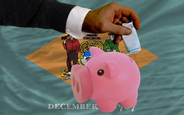 Funding euro into piggy rich bank flag of american state of dela — Stock Photo, Image