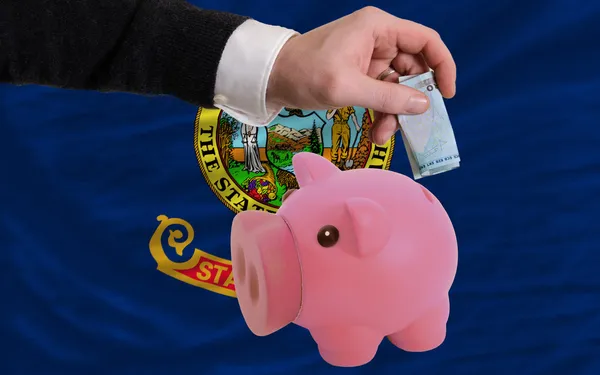Funding euro into piggy rich bank flag of american state of idah — Stock Photo, Image