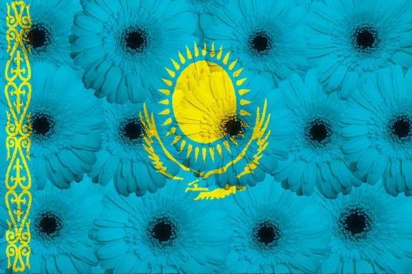 程式化的国旗，哈萨克斯坦与非洲菊鲜花 — 图库照片