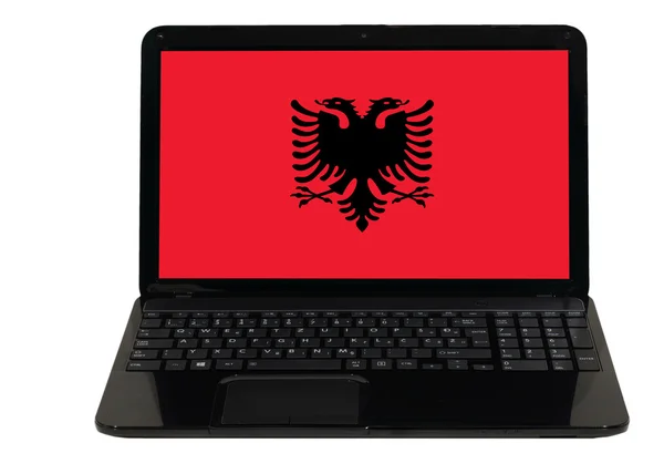 Komputer przenośny z flagi narodowej w Albanii — Zdjęcie stockowe