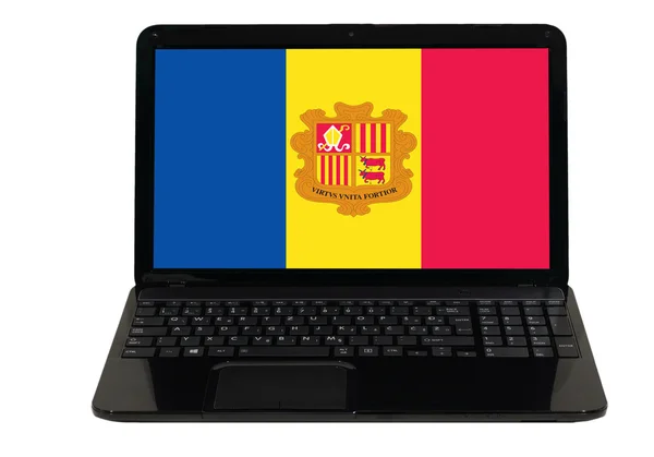 Computador portátil com bandeira nacional de andorra — Fotografia de Stock