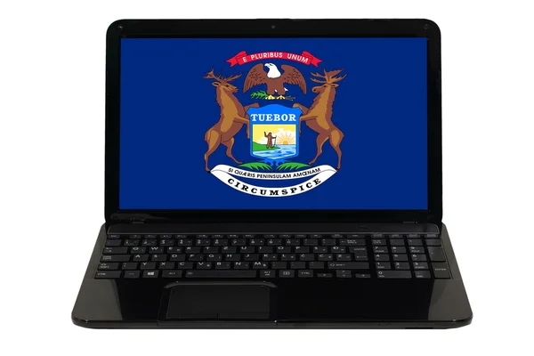 Computadora portátil con bandera del estado estadounidense de Michigan —  Fotos de Stock