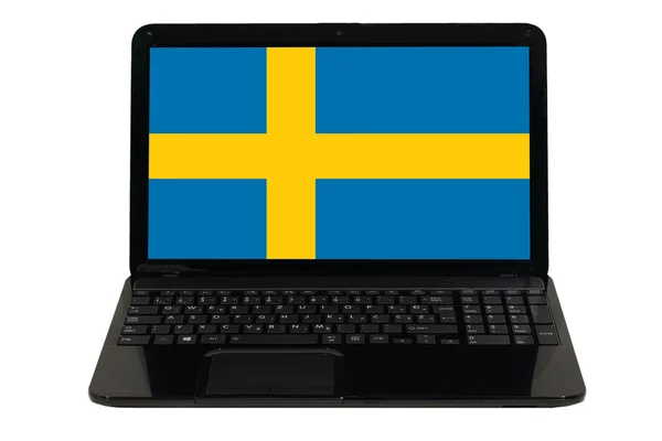 Laptop komputer dengan bendera nasional sweden — Stok Foto