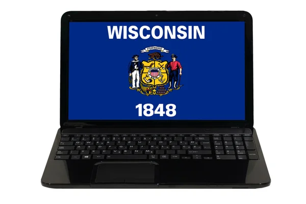 Computadora portátil con la bandera del estado estadounidense de Wisconsin —  Fotos de Stock