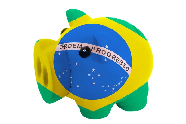 Piggy rich bank in colors national flag of brazil for saving — Stock Photo, Image