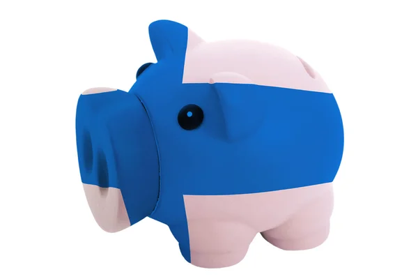 Rika piggy bank i färger nationella flagga finland för savin — Stockfoto