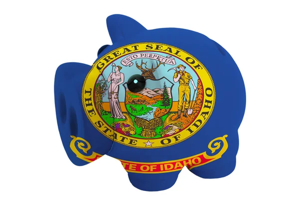 Piggy rich bank in colors flag of american state of idaho fo — Stock Photo, Image