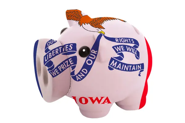 Piggy rich bank in colors flag of american state of iowa for — Zdjęcie stockowe